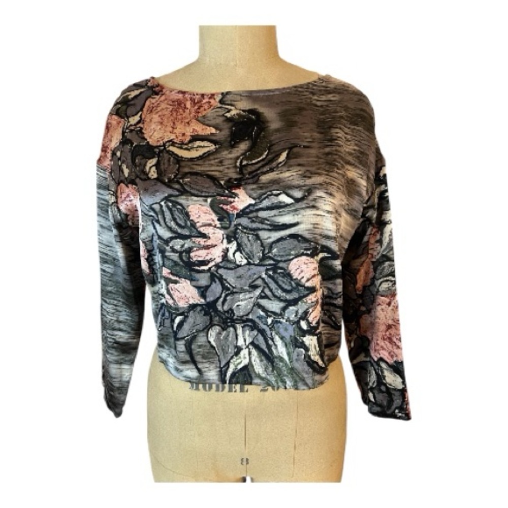 Tracy Reese Lab Silk Pink and Gray Floral cropped Blouse
